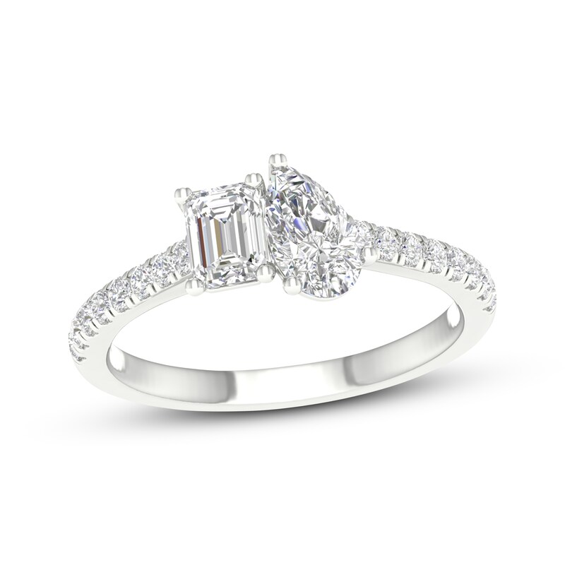 Main Image 1 of Previously Owned Toi et Moi Emerald-Cut & Pear-Shaped Lab-Grown Diamond Engagement Ring 1-1/4 ct tw 14K White Gold