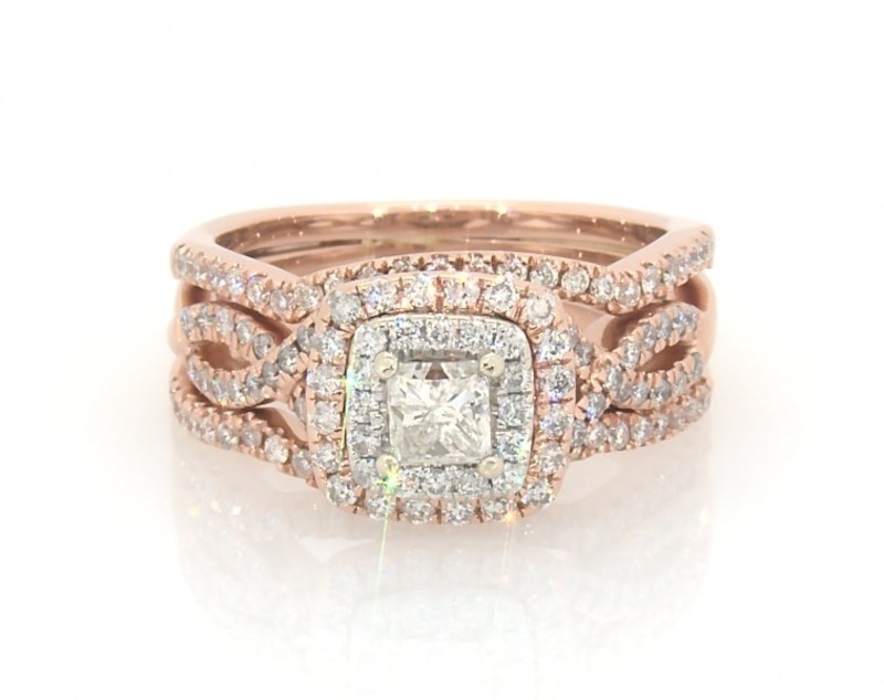 Main Image 1 of Previously Owned Princess-Cut Diamond Double Halo Bridal Set 7/8 ct tw 14K Two-Tone Gold Size 5.75