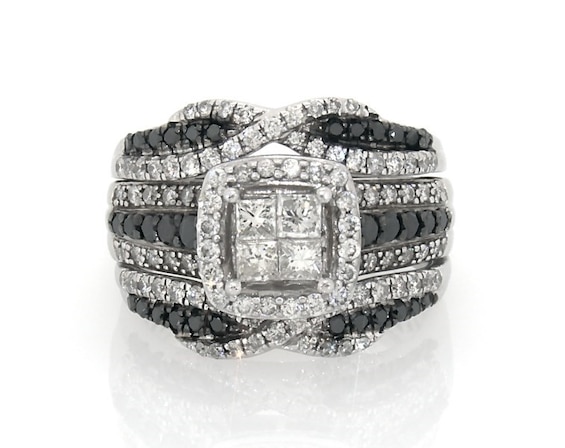 Previously Owned Princess-Cut Quad White & Black Diamond Bridal Set 1-1/8 ct tw 14K Gold 5.25