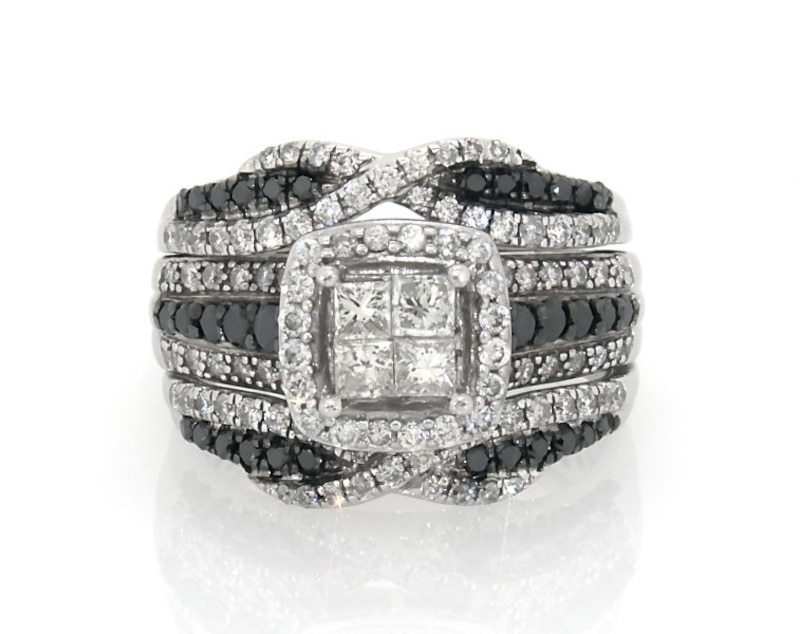 Main Image 1 of Previously Owned Princess-Cut Quad White & Black Diamond Bridal Set 1-1/8 ct tw 14K White Gold Size 5.25