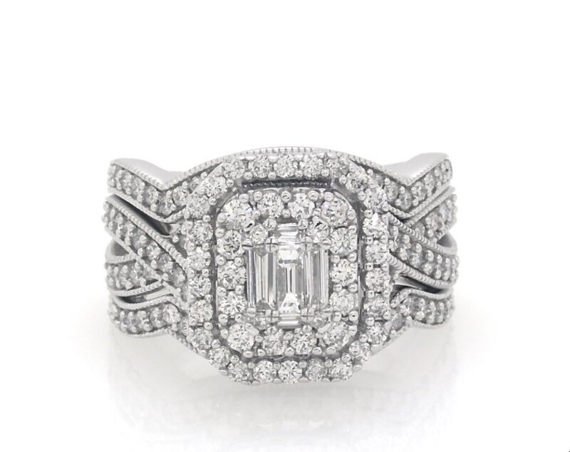 Main Image 1 of Previously Owned Baguette & Round-Cut Multi-Diamond Double Halo Bridal Set 1-1/3 ct tw 14K White Gold Size 5.75