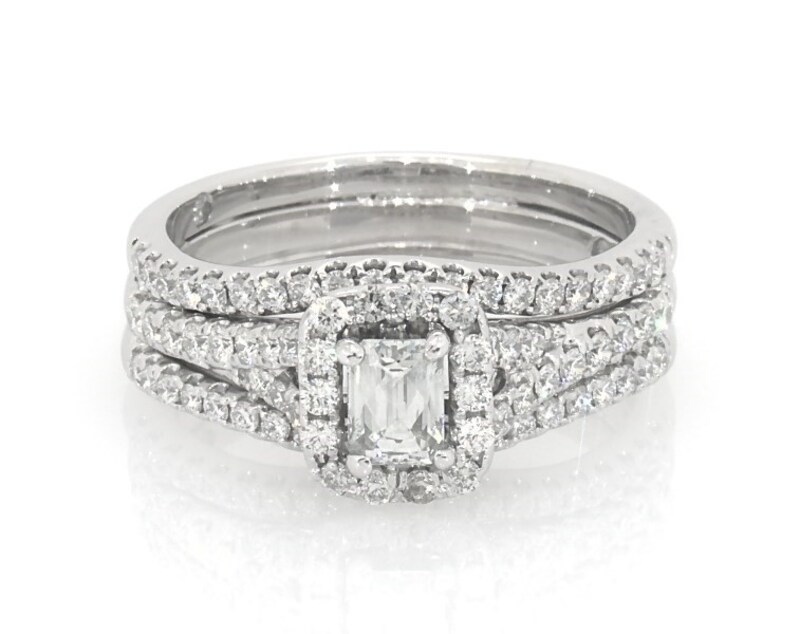 Main Image 1 of Previously Owned Emerald-Cut Diamond Halo Bridal Set 1-1/3 ct tw 14K White Gold Size 8.5