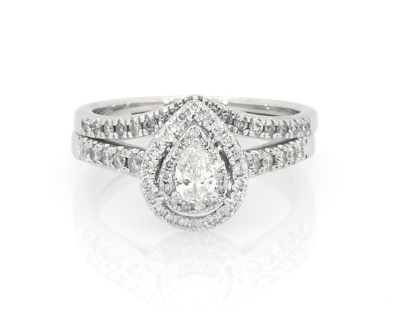 Previously Owned Pear-Shaped Diamond Double Halo Bridal Set 1/2 ct tw 10K White Gold Size 6.25