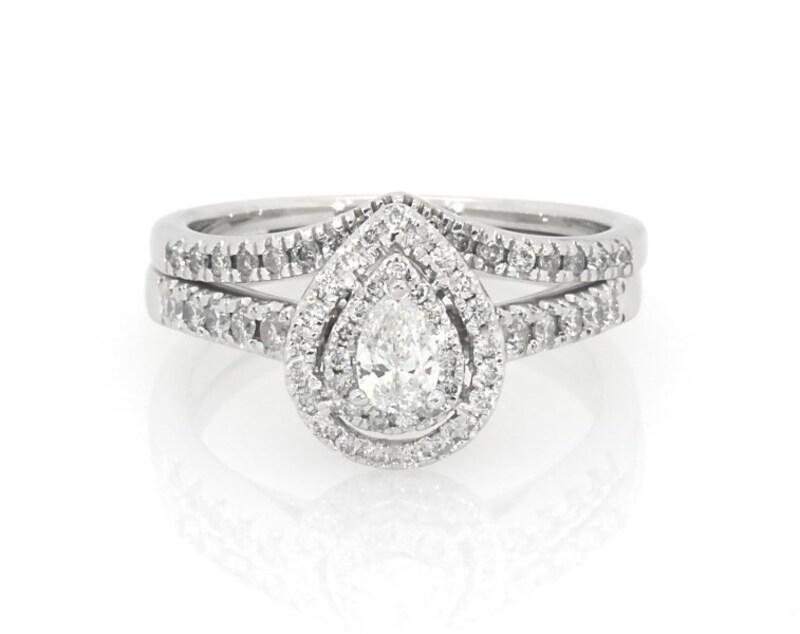 Main Image 1 of Previously Owned Pear-Shaped Diamond Double Halo Bridal Set 1/2 ct tw 10K White Gold Size 6.25