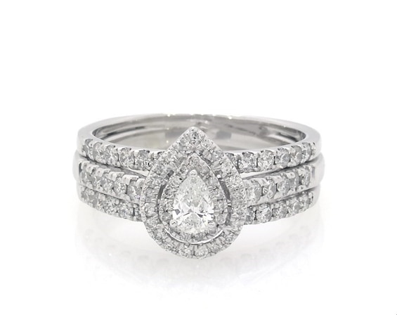 Previously Owned Pear-Shaped Diamond Double Halo Bridal Set 7/8 ct tw 14K White Gold 7.5