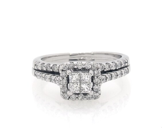 Previously Owned Princess-Cut Quad Diamond Halo Bridal Set 5/8 ct tw 14K White Gold Size 4.75