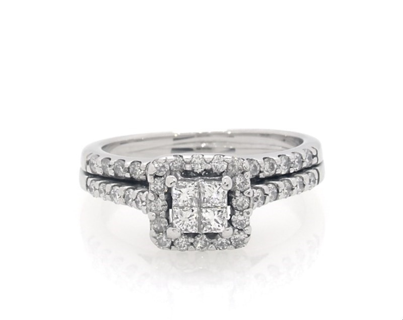 Main Image 1 of Previously Owned Princess-Cut Quad Diamond Halo Bridal Set 5/8 ct tw 14K White Gold Size 4.75
