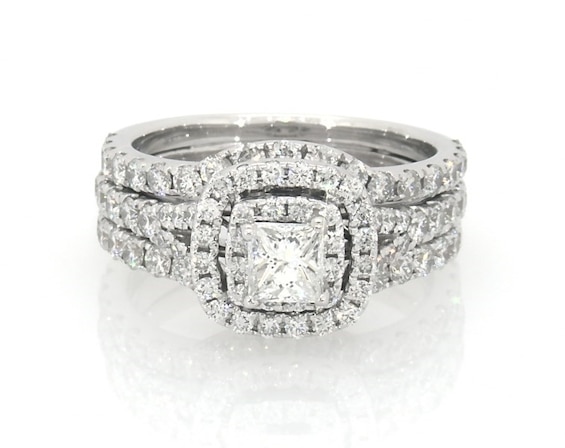Previously Owned Neil Lane Princess-Cut Diamond Double Halo Bridal Set 1-3/4 ct tw 14K White Gold Size 5.75