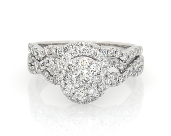 Previously Owned Round-Cut Diamond Double Halo Bridal Set 1-1/5 ct tw 14K White Gold Size 8.25