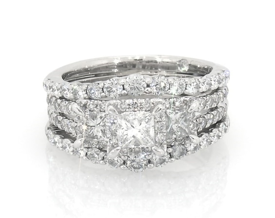 Previously Owned Princess-Cut Diamond Three-Stone Bridal Set 1-5/8 ct tw 14K White Gold Size 6