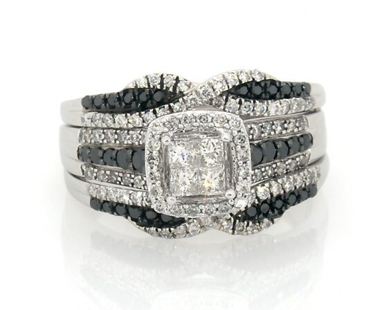 Previously Owned Princess-Cut Quad White & Black Diamond Bridal Set 1-1/8 ct tw 14K White Gold Size