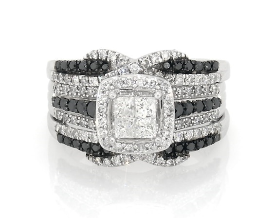Previously Owned Princess-Cut Quad White & Black Diamond Bridal Set 1-1/8 ct tw 14K White Gold Size 7.5