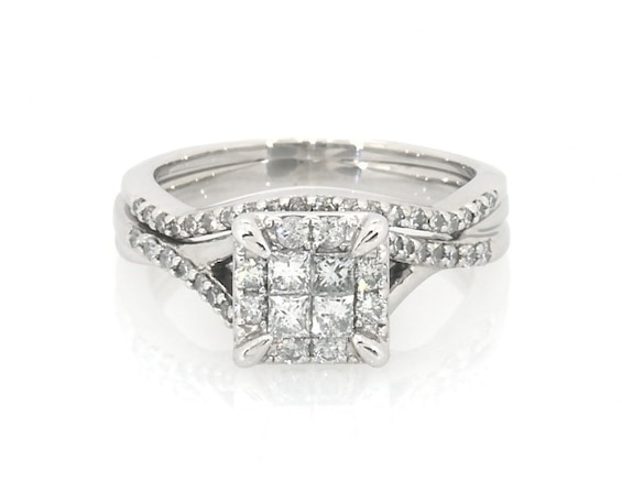 Previously Owned Princess-Cut Quad Diamond Halo Bridal Set 1/3 ct tw 10K White Gold Size 4