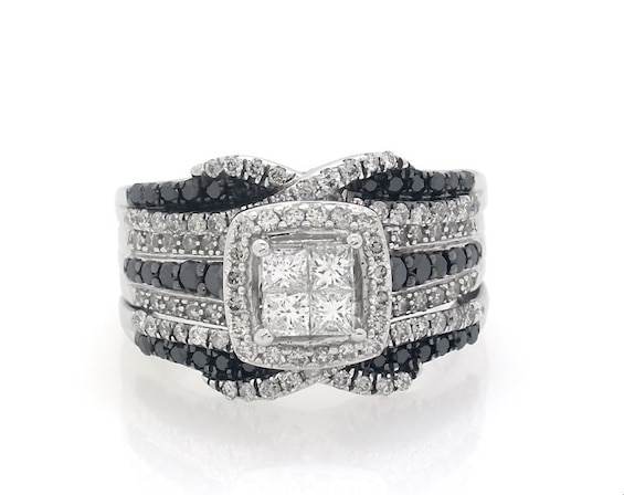 Previously Owned Princess-Cut Quad White Diamond & Black Diamond Bridal Set 1-1/8 ct tw 14K White Gold Size 7