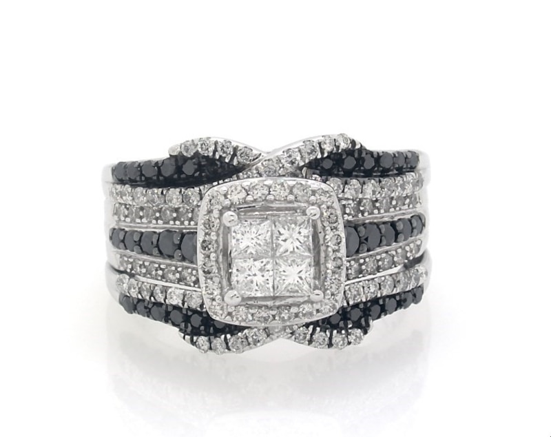 Main Image 1 of Previously Owned Princess-Cut Quad White Diamond & Black Diamond Bridal Set 1-1/8 ct tw 14K White Gold Size 7