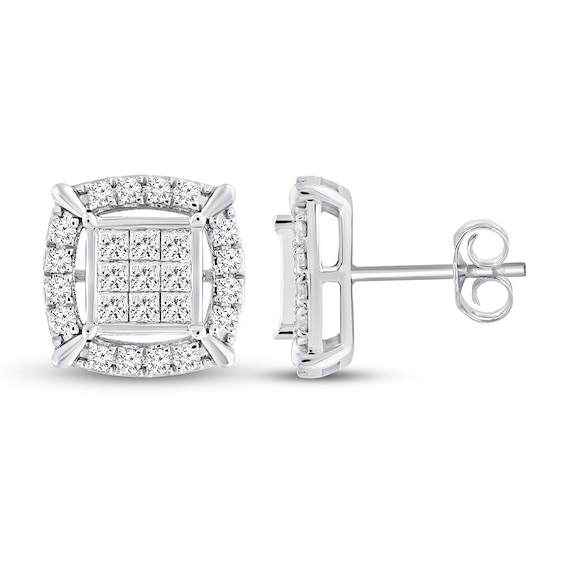 Previously Owned Diamond Stud Earrings 1 ct tw Princess & Round-cut 10K White Gold