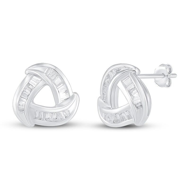 Main Image 1 of Previously Owned Diamond Knot Stud Earrings 3/8 ct tw Baguette-cut 10K White Gold