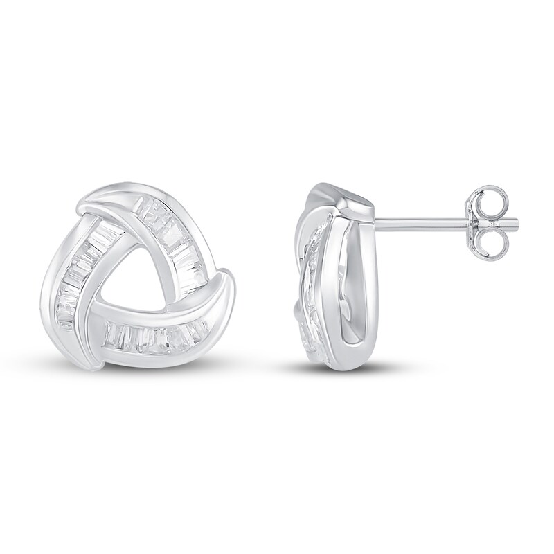 Main Image 2 of Previously Owned Diamond Knot Stud Earrings 3/8 ct tw Baguette-cut 10K White Gold