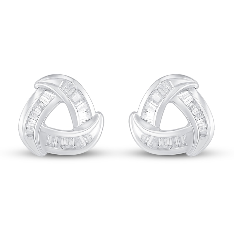Main Image 3 of Previously Owned Diamond Knot Stud Earrings 3/8 ct tw Baguette-cut 10K White Gold