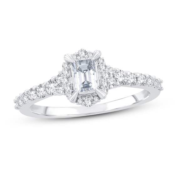 Previously Owned Diamond Engagement Ring 3/4 ct tw Emerald & Round 14K White Gold