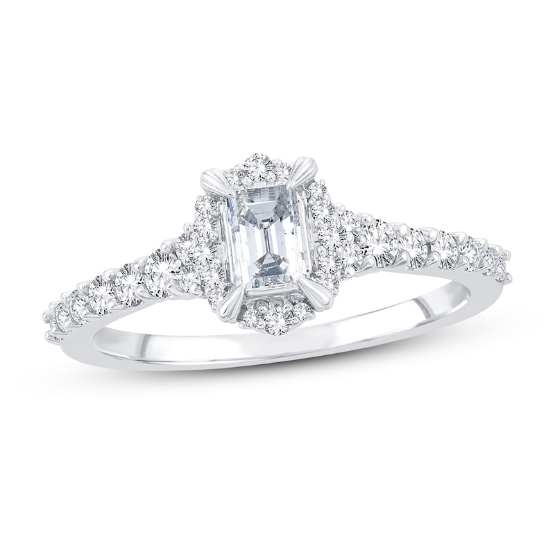 Main Image 1 of Previously Owned Diamond Engagement Ring 3/4 ct tw Emerald & Round 14K White Gold