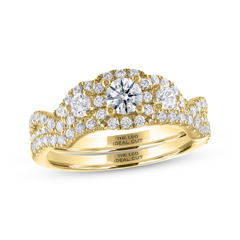 Main Image 1 of THE LEO Ideal Cut Diamond Three-Stone Bridal Set 1-1/6 ct tw 14K Yellow Gold