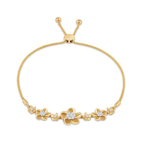 Diamond Plumeria Flowers Bolo Bracelet 1/4 ct tw 10K Yellow Gold
