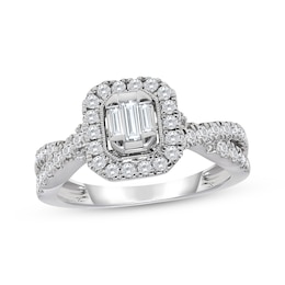 Now + Forever Baguette-Cut Multi-Diamond Halo Engagement Ring 3/4 ct tw 14K White Gold