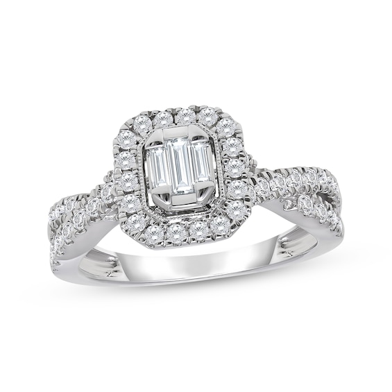 Now + Forever Baguette-Cut Multi-Diamond Halo Engagement Ring 3/4 ct tw 14K White Gold
