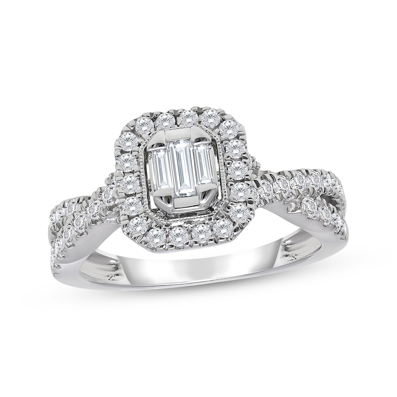 Main Image 1 of Now + Forever Baguette-Cut Multi-Diamond Halo Engagement Ring 3/4 ct tw 14K White Gold