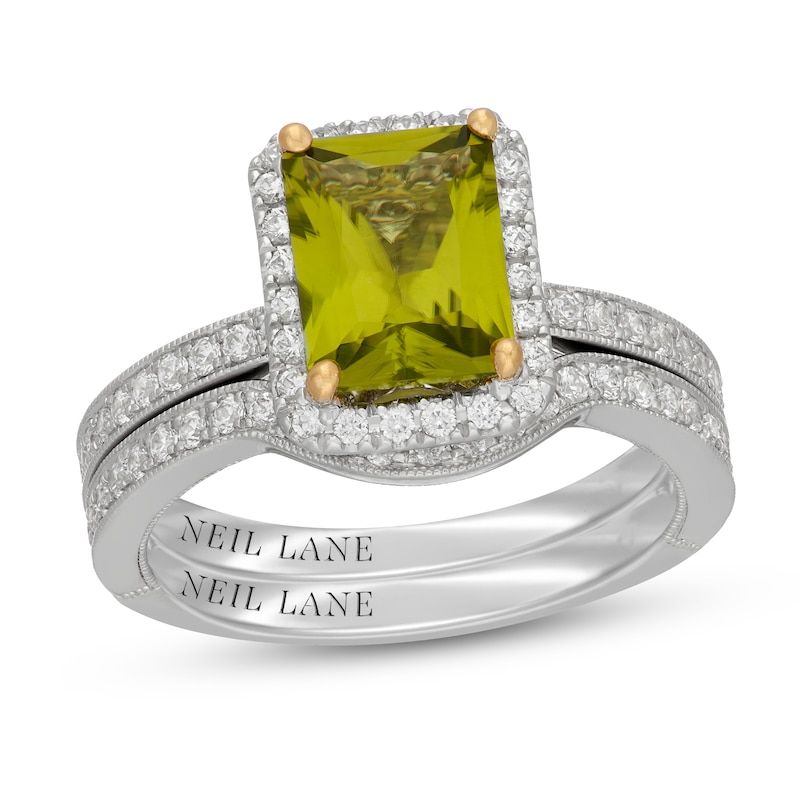 Main Image 1 of Neil Lane Radiant-Cut Peridot & Diamond Halo Bridal Set 5/8 ct tw 14K White Gold