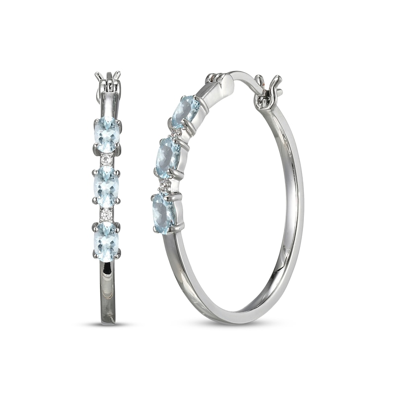 Main Image 1 of Oval-Cut Aquamarine & White Lab-Created Sapphire Hoop Earrings Sterling Silver
