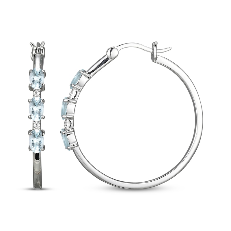 Main Image 3 of Oval-Cut Aquamarine & White Lab-Created Sapphire Hoop Earrings Sterling Silver