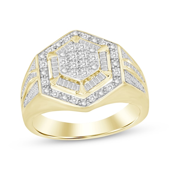 Men's Baguette & Round-Cut Diamond Hexagon Ring 1/2 ct tw 10K Yellow Gold