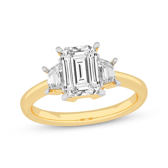 Memories Moments Magic Lab-Grown Diamonds Emerald-Cut & Trapezoid-Cut Three-Stone Engagement Ring 4-1/6 ct tw 14K Yellow Gold