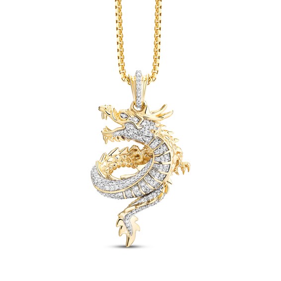 Men's Black & White Diamond Double-Sided Dragon Diamond-Cut Necklace 1/3 ct tw 10K Yellow Gold 22"