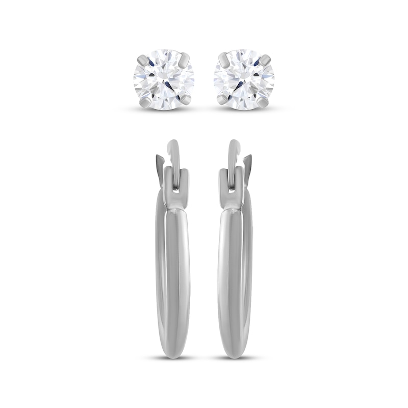 Main Image 2 of Cubic Zirconia Solitaire Stud & Polished Hoop Earrings Set 14K White Gold