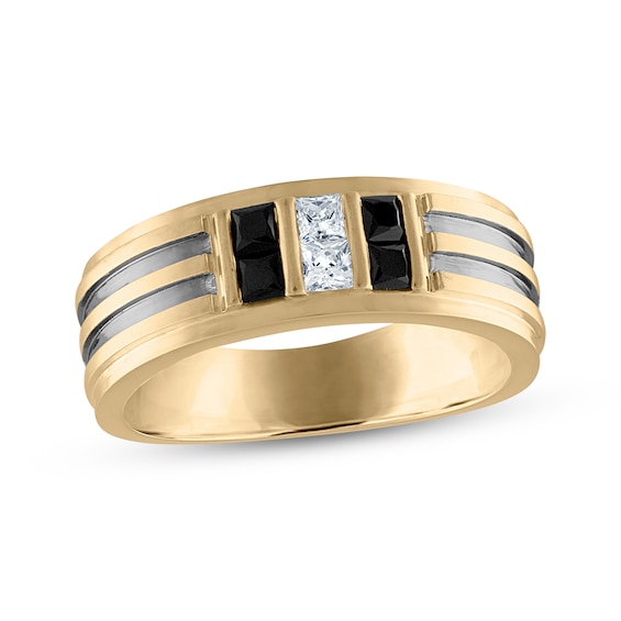 Previously Owned Men's Square-Cut Black & White Diamond Wedding Band 5/8 ct tw 10K Yellow Gold