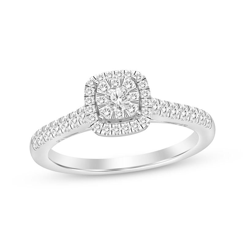 Main Image 1 of Previously Owned Round-Cut Diamond Cushion Frame Engagement Ring 1/2 ct tw 10K White Gold