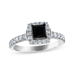 Previously Owned Princess-Cut Black Diamond & Round-Cut White Diamond Engagement Ring 1-1/5 ct tw 14K White Gold