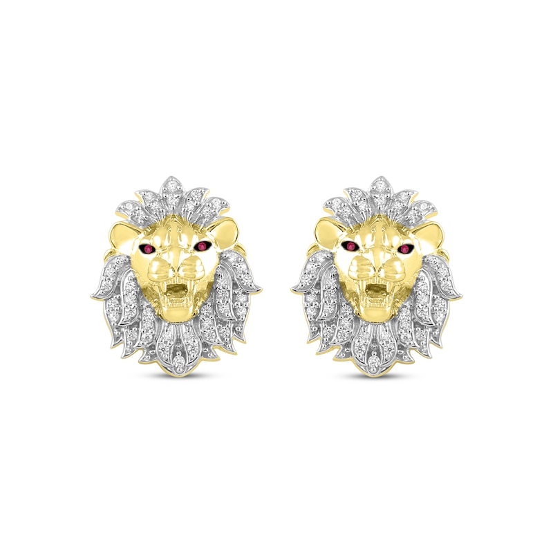 Main Image 2 of Previously Owned Men's Diamond & Lab-Created Ruby Lion Head Stud Earrings 1/4 ct tw 10K Yellow Gold