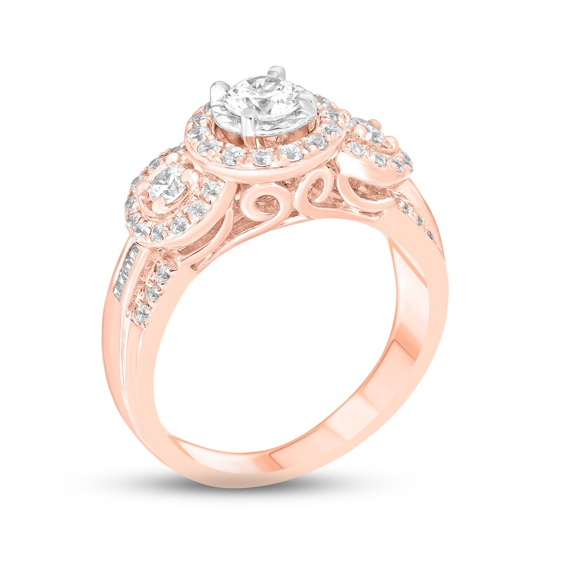 Main Image 2 of Previously Owned Diamond Three-Stone Engagement Ring 1 ct tw Round & Baguette-cut 14K Rose Gold