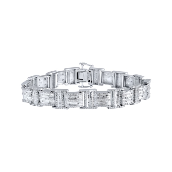 Previously Owned Men's Baguette & Round-Cut Diamond Link Bracelet 3/4 ct tw Sterling Silver 8.5"