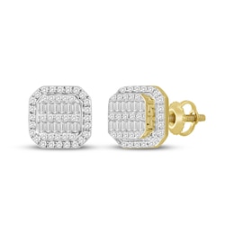 Previously Owned Men's Baguette & Round-Cut Diamond Greek Key Cushion Stud Earrings 1/3 ct tw 10K Yellow Gold