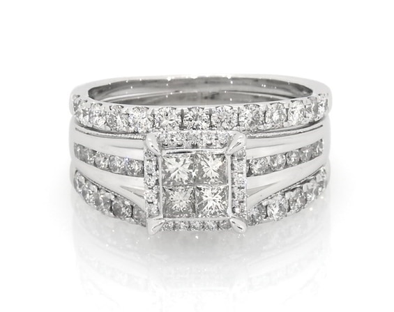 Previously Owned Princess-Cut Quad Diamond Halo Bridal Set 1-5/8 ct tw 14K White Gold Size 8
