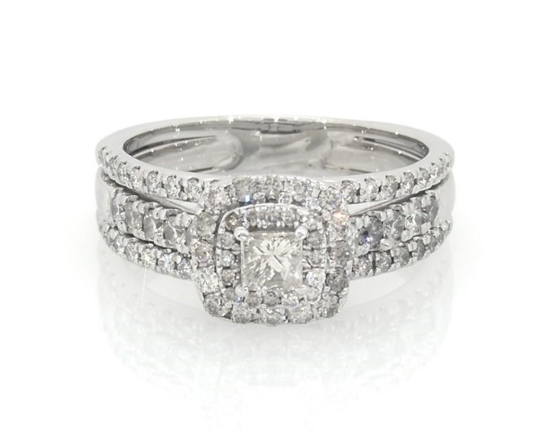 Main Image 1 of Previously Owned Princess & Round Diamond Bridal Set 1-1/3ct tw 14K White Gold Size 9.75