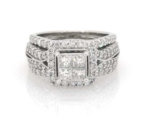 Previously Owned Princess-Cut Quad Diamond Halo Bridal Set 1-3/8 ct tw 14K White Gold Size 5.5