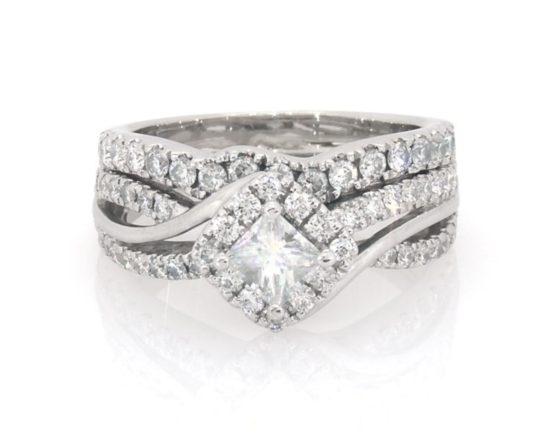 Main Image 1 of Previously Owned THE LEO First Light Diamond Princess-cut Bridal Set 7/8ct tw 14K White Gold Size 5