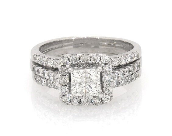 Previously Owned Princess-Cut Quad Diamond Halo Bridal Set 1-3/8 ct tw 14K White Gold Size 7.5