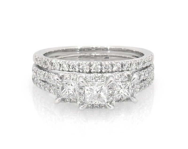 Main Image 1 of Previously Owned Memories Moments Magic Three-Stone Diamond Bridal Set 1-1/5 ct tw Princess/Round 14K White Gold Size 7